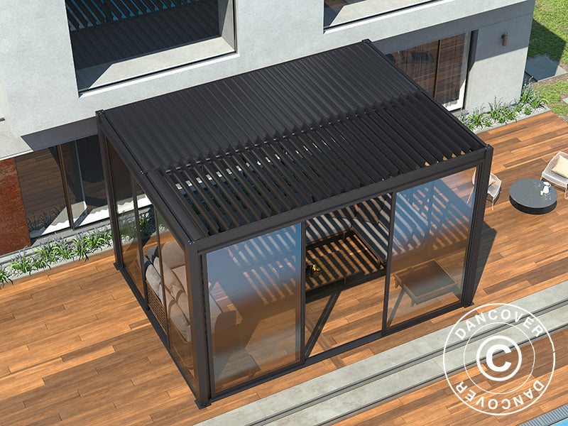 Ensemble de portes coulissantes avec verre pour la pergola San Pablo, 4m, Noir