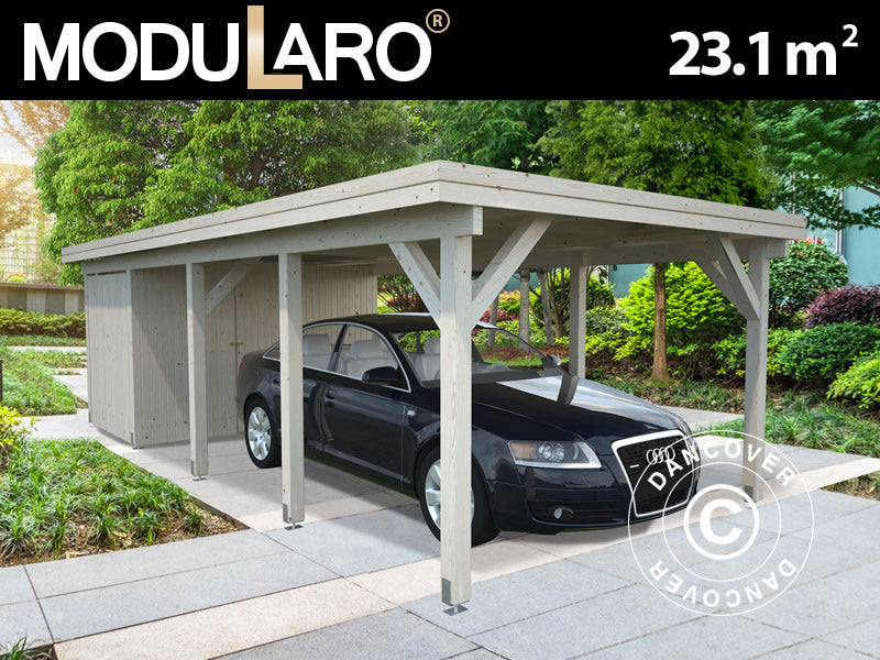 Abri pour voiture en bois avec cabane à outils, 3,6x7,62x2,32m, 23,1m², Naturel