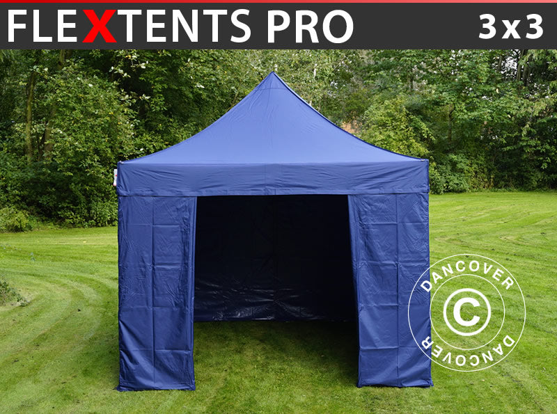 Faltzelt FleXtents PRO 3x3m Dunkeblau, mit 4 Seitenwänden