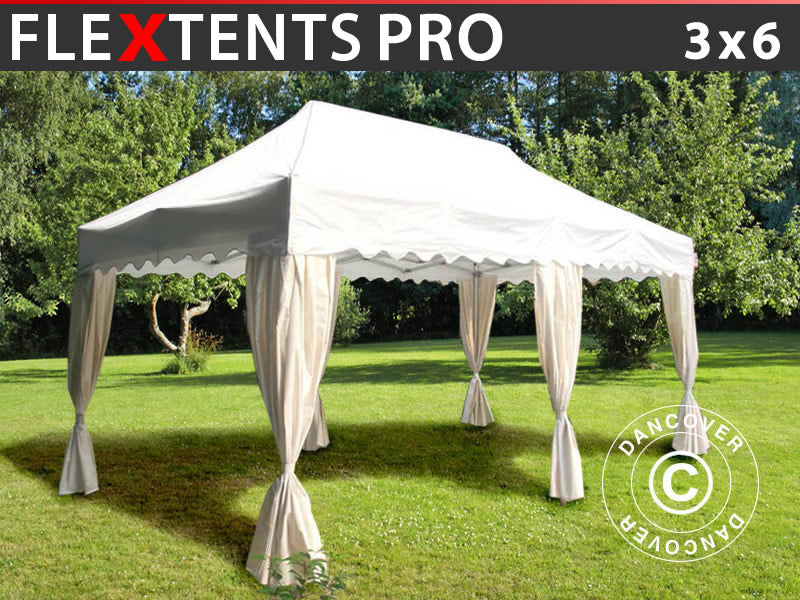 Tente Pliante FleXtents PRO "Wave" 3x6m Blanc, avec 6 rideaux decoratifs