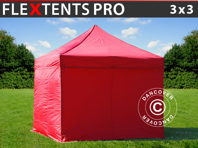 Faltzelt FleXtents PRO 3x3m Rot, mit 4 Seitenwänden