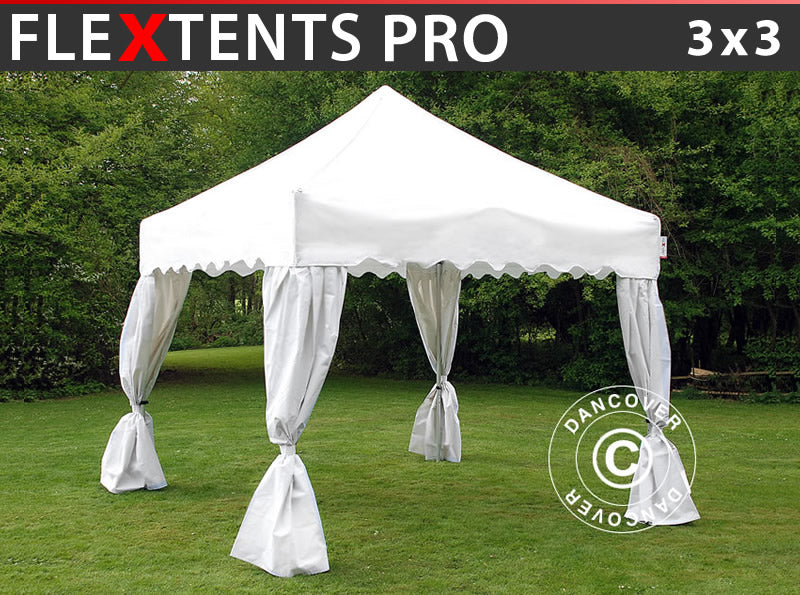 Tente Pliante FleXtents PRO "Wave" 3x3m Blanc, avec 4 rideaux decoratifs