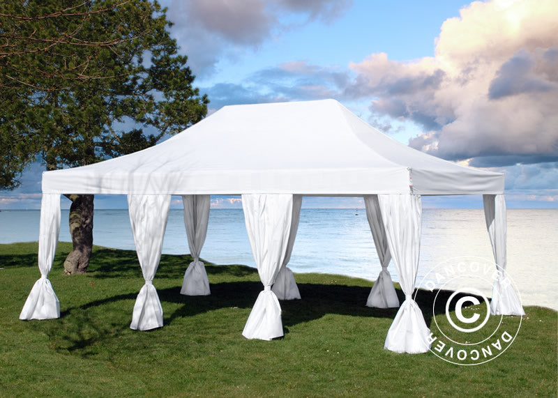 Gazebo pieghevole FleXtents PRO 4x6m Bianco, incl. 8 tendaggi decorativi