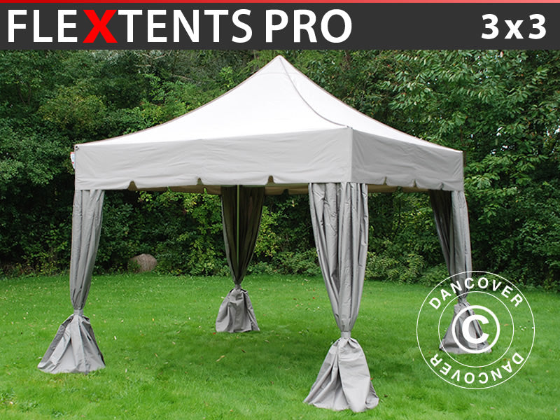 Tente Pliante FleXtents PRO "Peaked" 3x3m Latte, avec 4 rideaux decoratifs