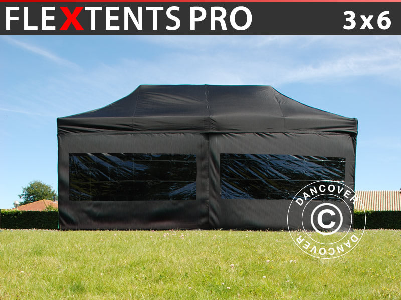 Gazebo pieghevole FleXtents PRO 3x6m Nero, incl. 6 fianchi