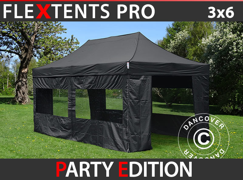 Gazebo pieghevole FleXtents PRO 3x6m Nero, incl. 6 fianchi