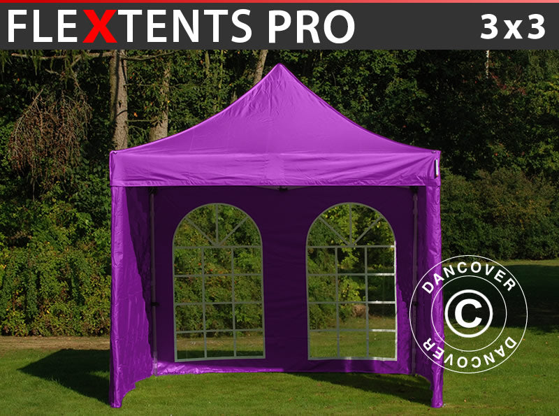 Gazebo pieghevole FleXtents PRO 3x3m Viola, inclusi 4 fianchi