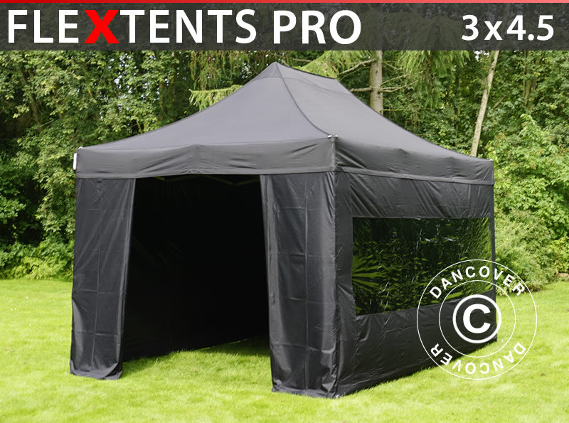 Tente pliante FleXtents PRO 3x4,5m Noir, avec 4 cotés