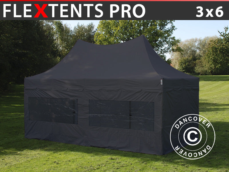 Tente pliable FleXtents PRO Peak Pagoda 3x6m Noir, Incl. 6 parois latérales