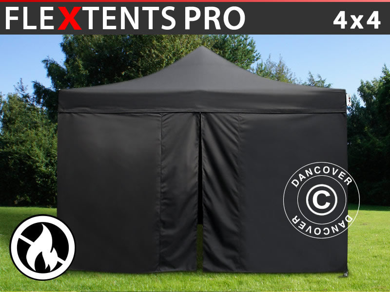 Faltzelt FleXtents PRO 4x4m Schwarz, Flammenhemmend, mit 4 Seitenwänden