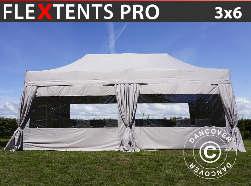 Tente Pliante FleXtents PRO 3x6m Latte, avec 6 cotés & rideaux décoratifs