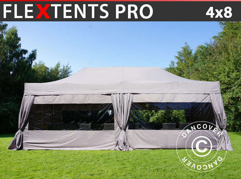 Faltzelt FleXtents PRO 4x8m Latte, mit 6 Seitenwänden & Gardinen