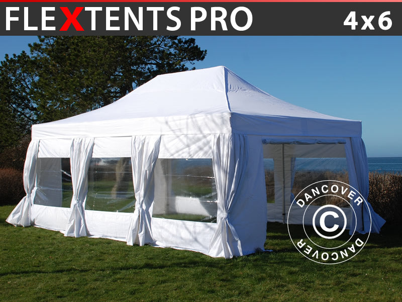 Tente Pliante FleXtents PRO 4x6m Blanc, avec 8 cotés & rideaux décoratifs