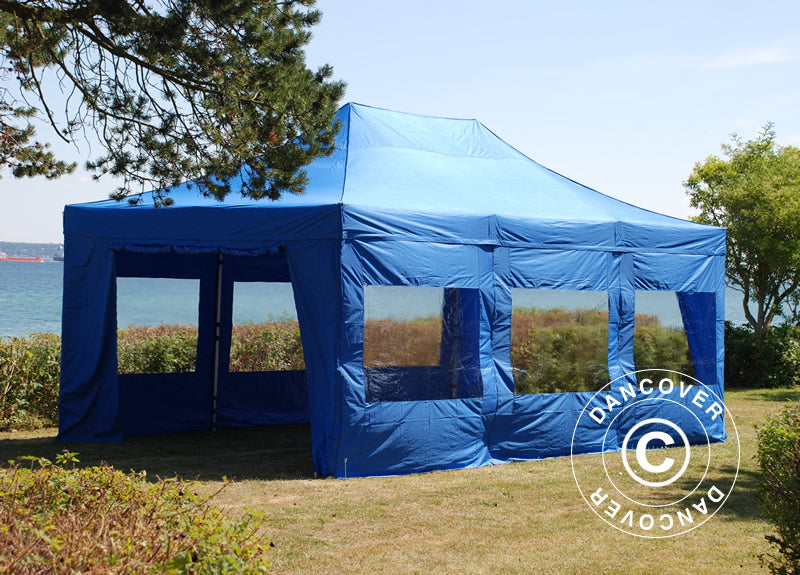 Faltzelt FleXtents PRO 4x6m Blau, mit 8 Seitenwänden