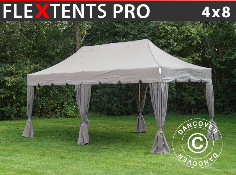 Tente Pliante FleXtents PRO "Peaked" 4x8m Latte, avec 6 rideaux decoratifs