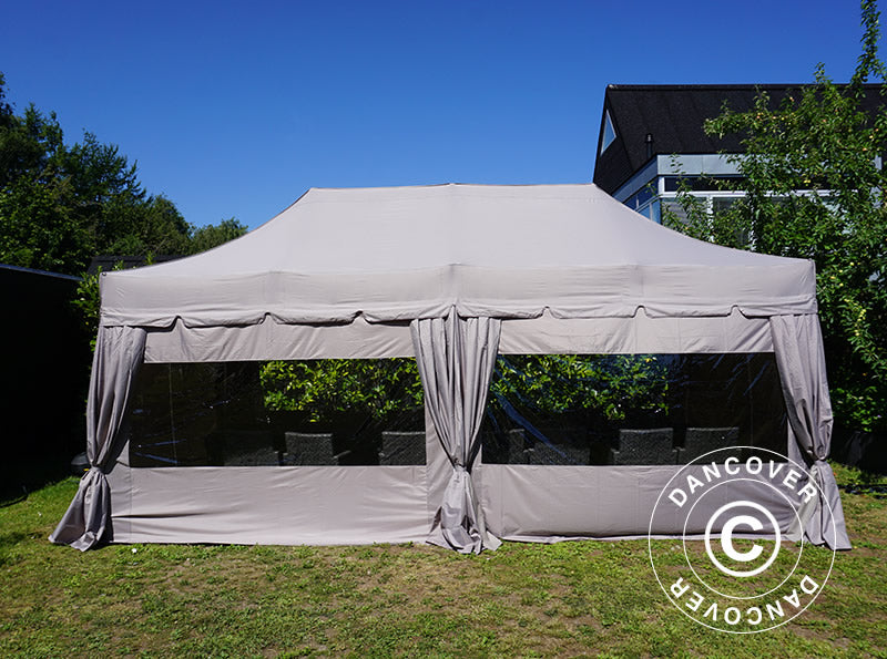 Tente pliante FleXtents PRO "Peaked" 4x8m Latte, incl. 6 parois latérales et 6 rideaux décoratifs