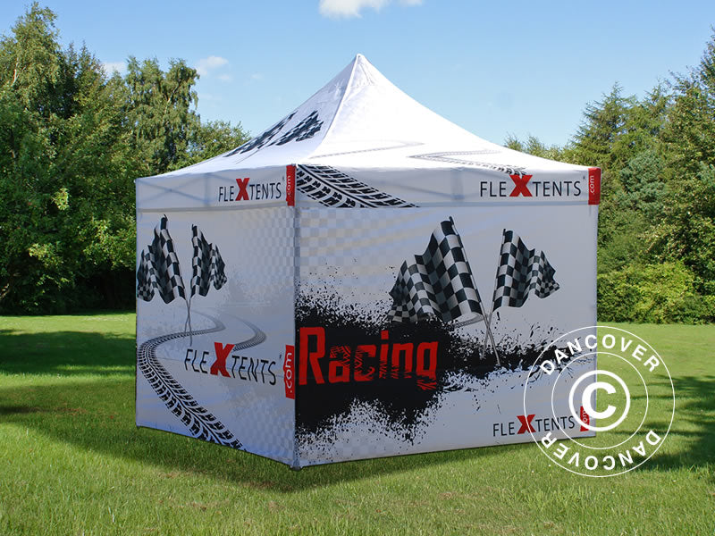 Gazebo pieghevole FleXtents Xtreme 50 con completa stampa digitale, 3x3m, incl. 4 pareti laterali