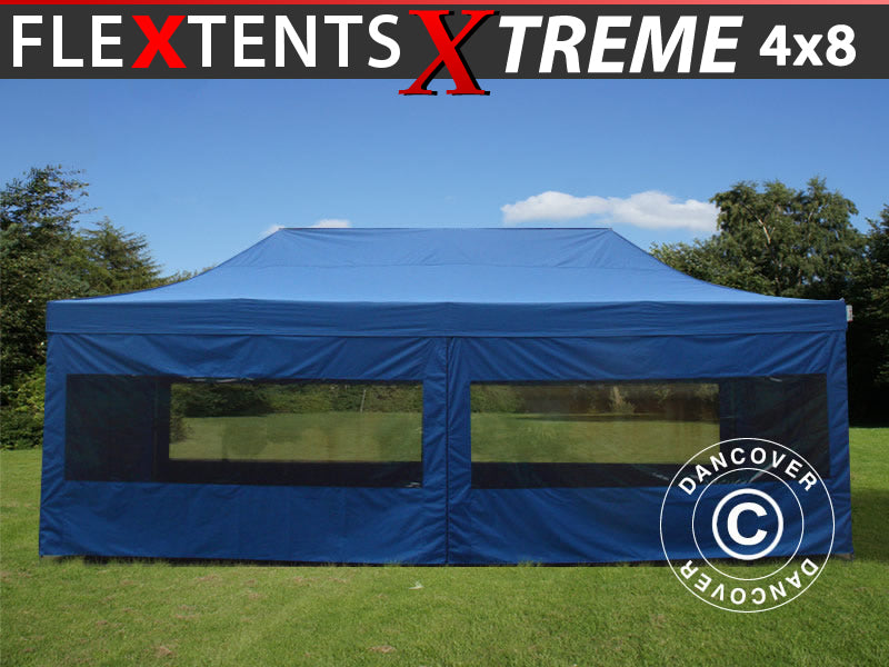 Faltzelt FleXtents Xtreme 60 4x8m Blau, mit 6 Seitenwänden