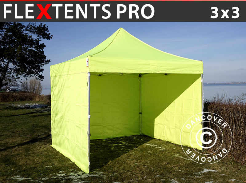 Tente pliante FleXtents PRO 3x3m Néon jaune/vert, avec 4 cotés