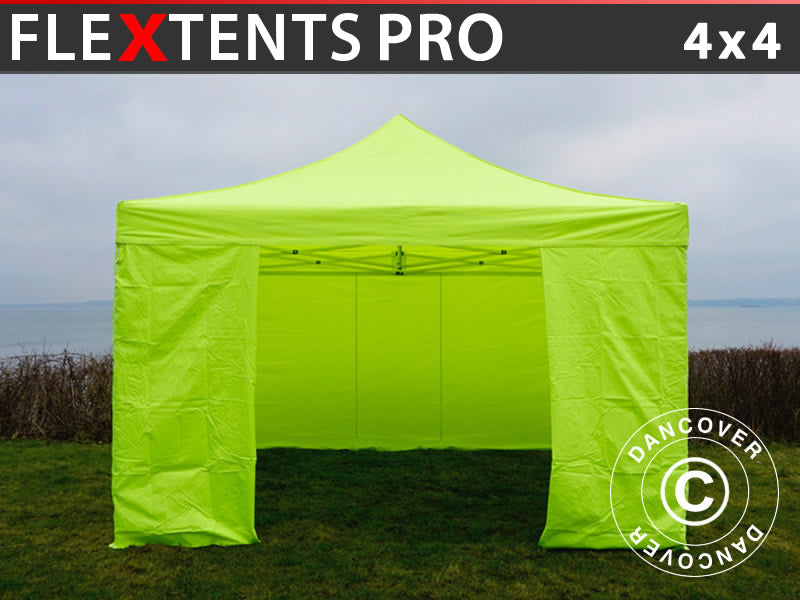 Gazebo pieghevole FleXtents PRO 4x4m Giallo Fluo/verde, inclusi 4 fianchi