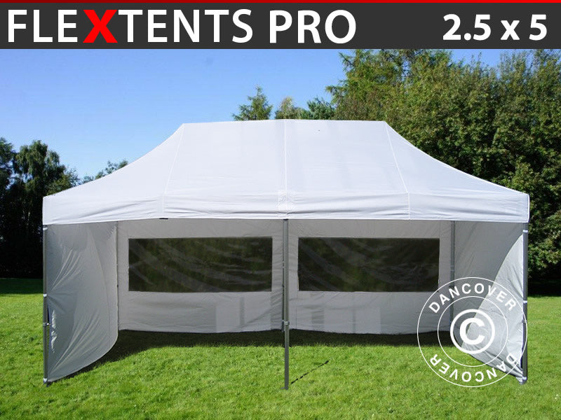 Faltzelt FleXtents PRO 2,5x5m Weiß, mit 6 Seitenwänden