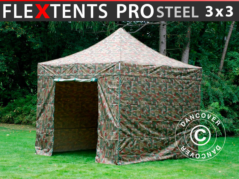 Gazebo pieghevole FleXtents PRO Steel 3x3m Camouflage, inclusi 4 fianchi