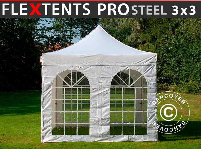 Faltzelt FleXtents PRO Steel Vintage Style 3x3m Weiß, mit 4 Seitenwänden