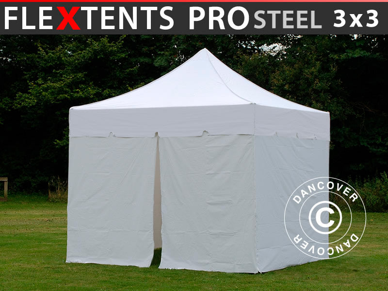 Faltzelt FleXtents PRO Steel "Peaked" 3x3m Weiß, mit 4 Seitenwänden
