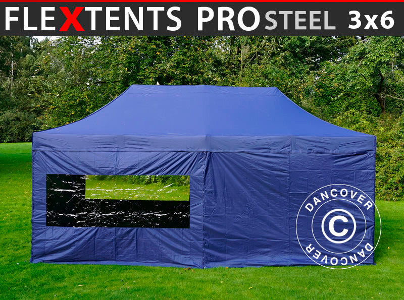 Faltzelt FleXtents PRO Steel 3x6m Dunkeblau, mit 6 Seitenwänden