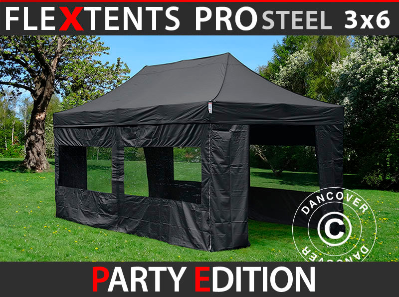 Faltzelt FleXtents PRO Steel 3x6m Schwarz, mit 6 Seitenwänden