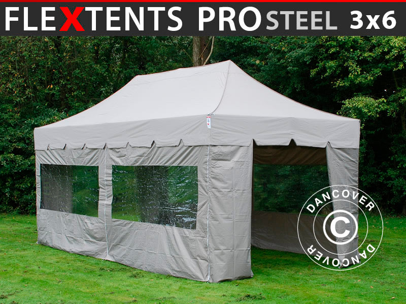 Faltzelt FleXtents PRO Steel "Peaked" 3x6m Latte, mit 6 Seitenwänden