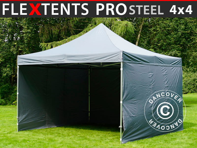 Faltzelt FleXtents PRO Steel 4x4m Grau, mit 4 Seitenwänden