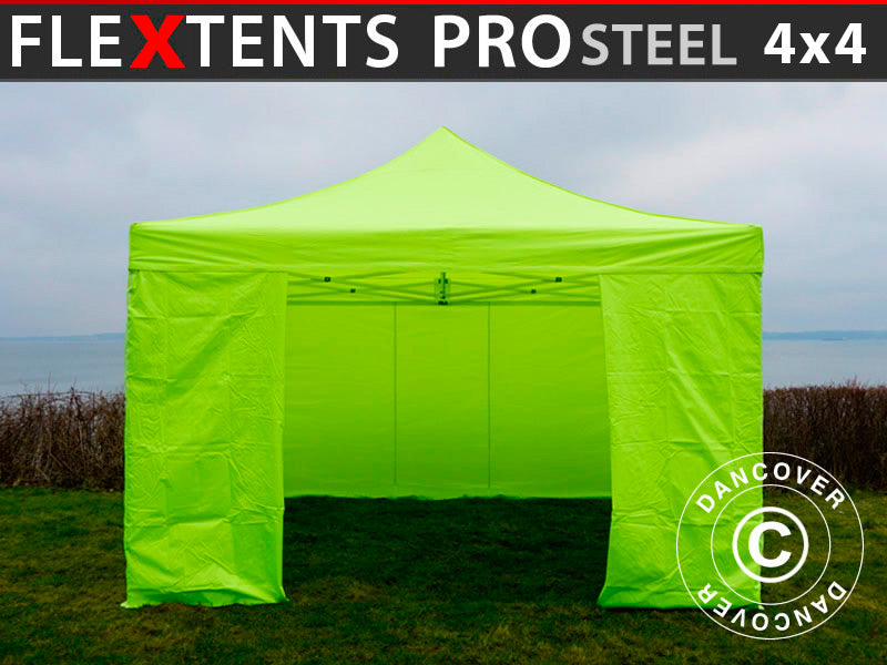 Gazebo pieghevole FleXtents PRO Steel 4x4m Giallo Fluo/verde, inclusi 4 fianchi SOLO 3 PZ. DISPONIBILE