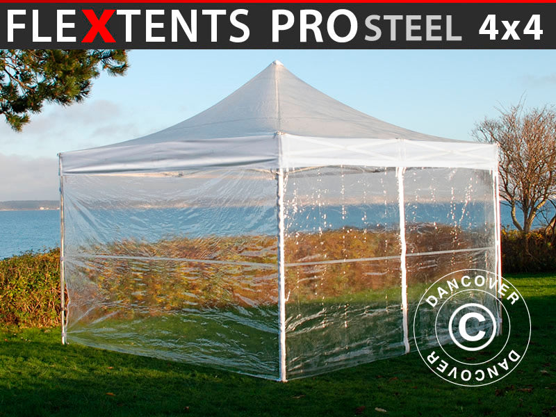 Faltzelt FleXtents PRO Steel 4x4m Transparent, mit 4 Seitenwänden