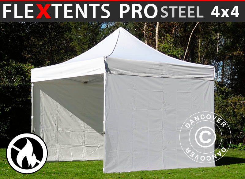 Tente pliante FleXtents PRO Steel 4x4m Blanc, Ignifugé, avec 4 cotés