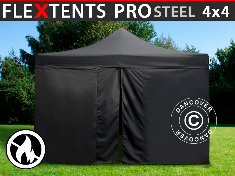 Faltzelt FleXtents PRO Steel 4x4m Schwarz, Flammenhemmend, mit 4 Seitenwänden