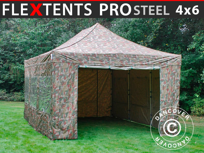 Tente Pliante FleXtents PRO Steel 4x6m Camouflage, avec 8 cotés