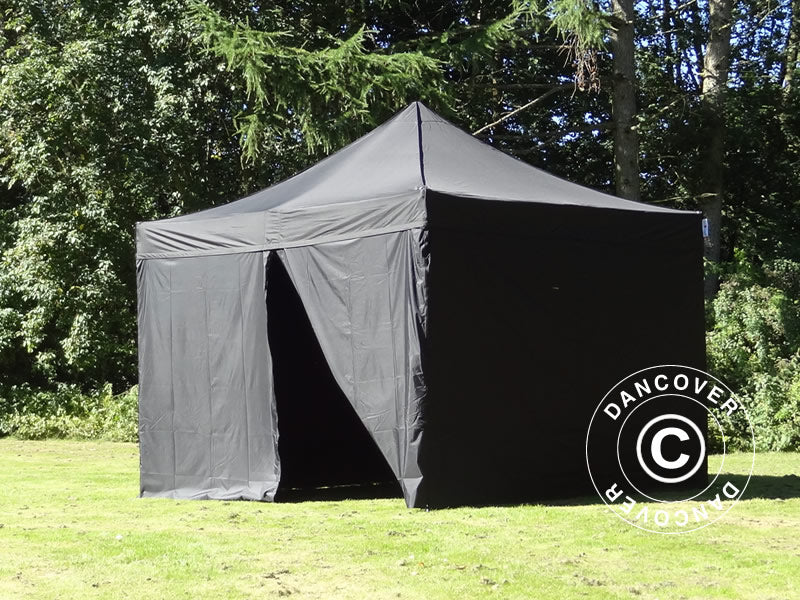 Faltzelt FleXtents PRO Steel 4x4m Schwarz, mit 4 Seitenwänden