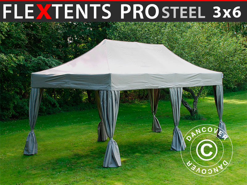 Gazebo pieghevole FleXtents PRO Steel 3x6m Latte, incl. 6 tendaggi decorativi