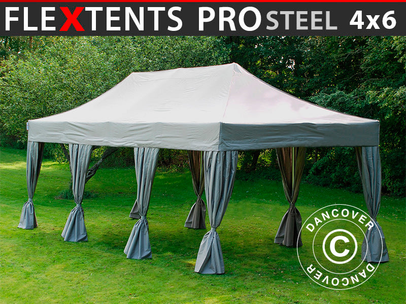 Tente Pliante FleXtents PRO Steel 4x6m Latte, avec 8 rideaux décoratifs