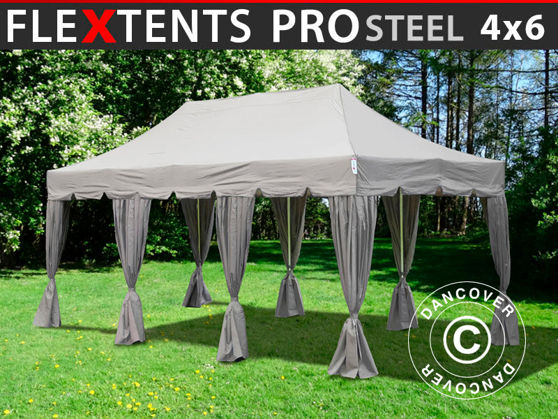 Faltzelt FleXtents PRO Steel "Peaked" 4x6m Latte, mit 8 Gardinen