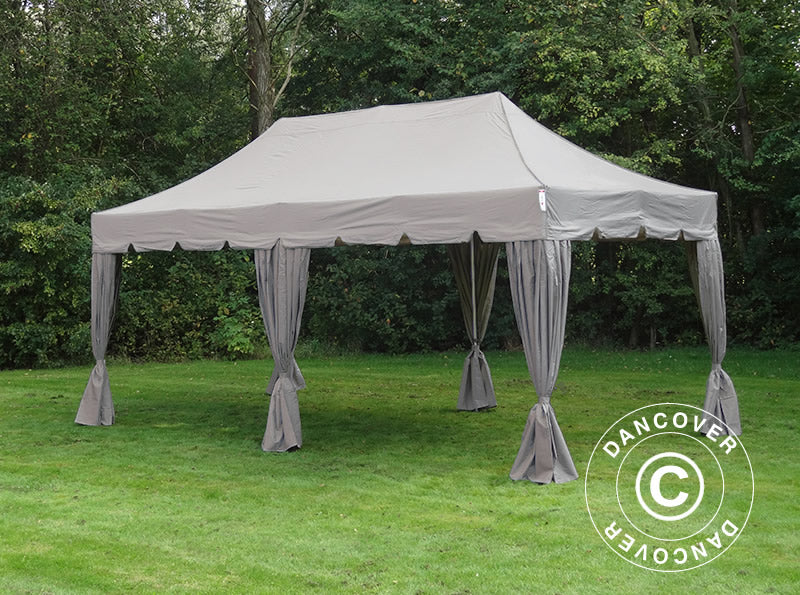 Tente pliante FleXtents PRO Steel "Peaked" 4x8m Latte, incl. 6 parois latérales et 6 rideaux décoratifs
