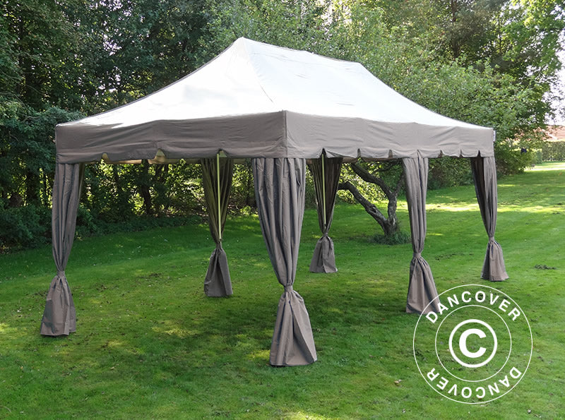 Tente pliante FleXtents PRO Steel "Peaked" 4x8m Latte, incl. 6 parois latérales et 6 rideaux décoratifs