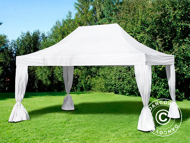 Tente pliante FleXtents Steel 3x4,5m, Blanc, incl. 4 rideaux decoratifs