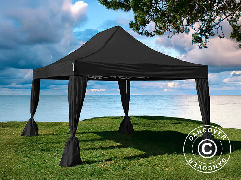 Tente pliante FleXtents Steel 3x4,5m, Noir, incl. 4 rideaux decoratifs