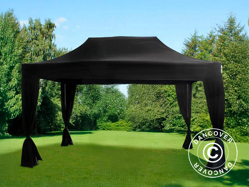 Tente pliante FleXtents Steel 3x4,5m, Noir, incl. 4 rideaux decoratifs