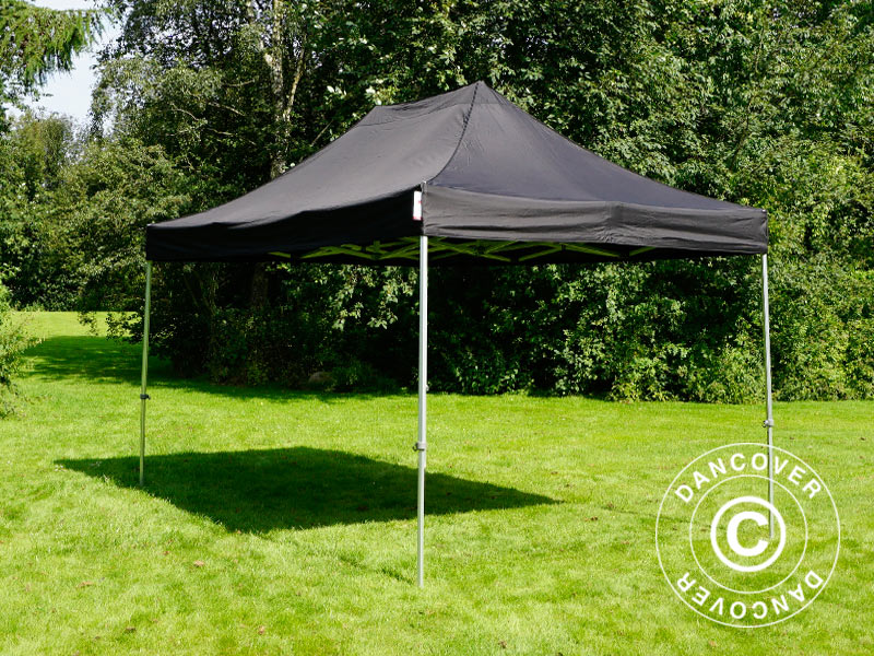 Tente pliante FleXtents Steel 3x4,5m, Noir, incl. 4 rideaux decoratifs