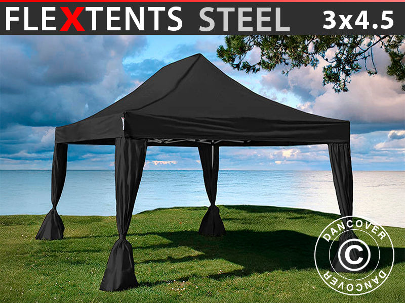 Tente pliante FleXtents Steel 3x4,5m, Noir, incl. 4 rideaux decoratifs