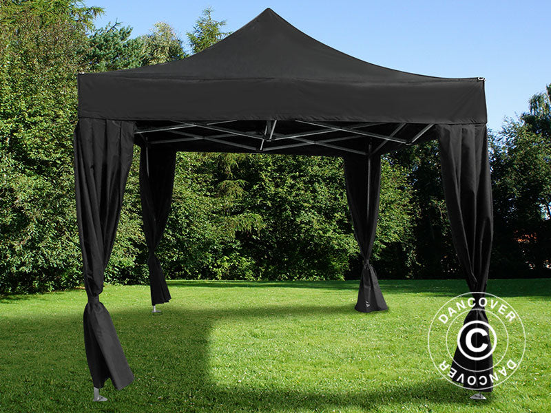 Tente pliante FleXtents Steel 4x4m Noir, incl. 4 rideaux decoratifs