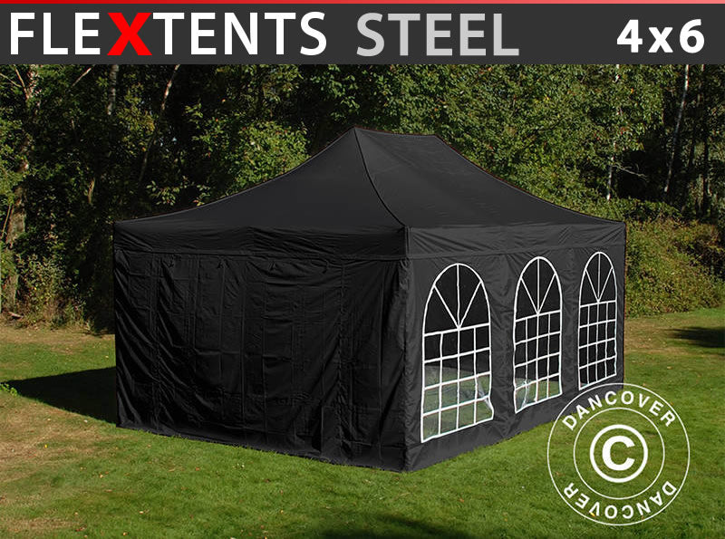 Faltzelt FleXtents Steel 4x6m Schwarz, mit 4 Seitenwänden